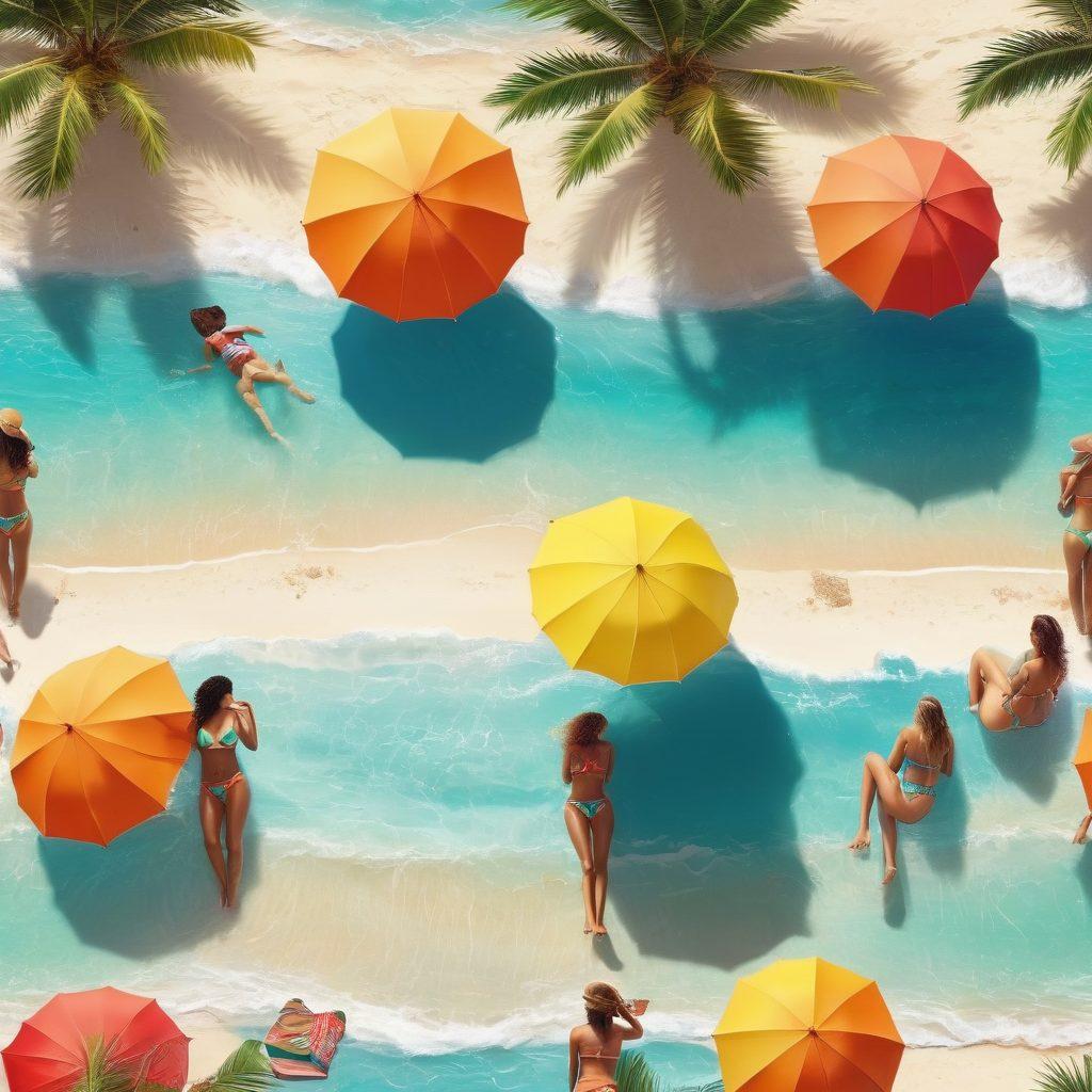 A vibrant beach scene showcasing a diverse group of fashionable people in stylish bikinis and beachwear, lounging under colorful umbrellas, with turquoise waves gently lapping at the shore. The setting should evoke a sense of fun and relaxation, featuring tropical palm trees and bright summer sun. Capture the essence of summer style with dynamic poses and cheerful expressions. super-realistic. vibrant colors. 3D.