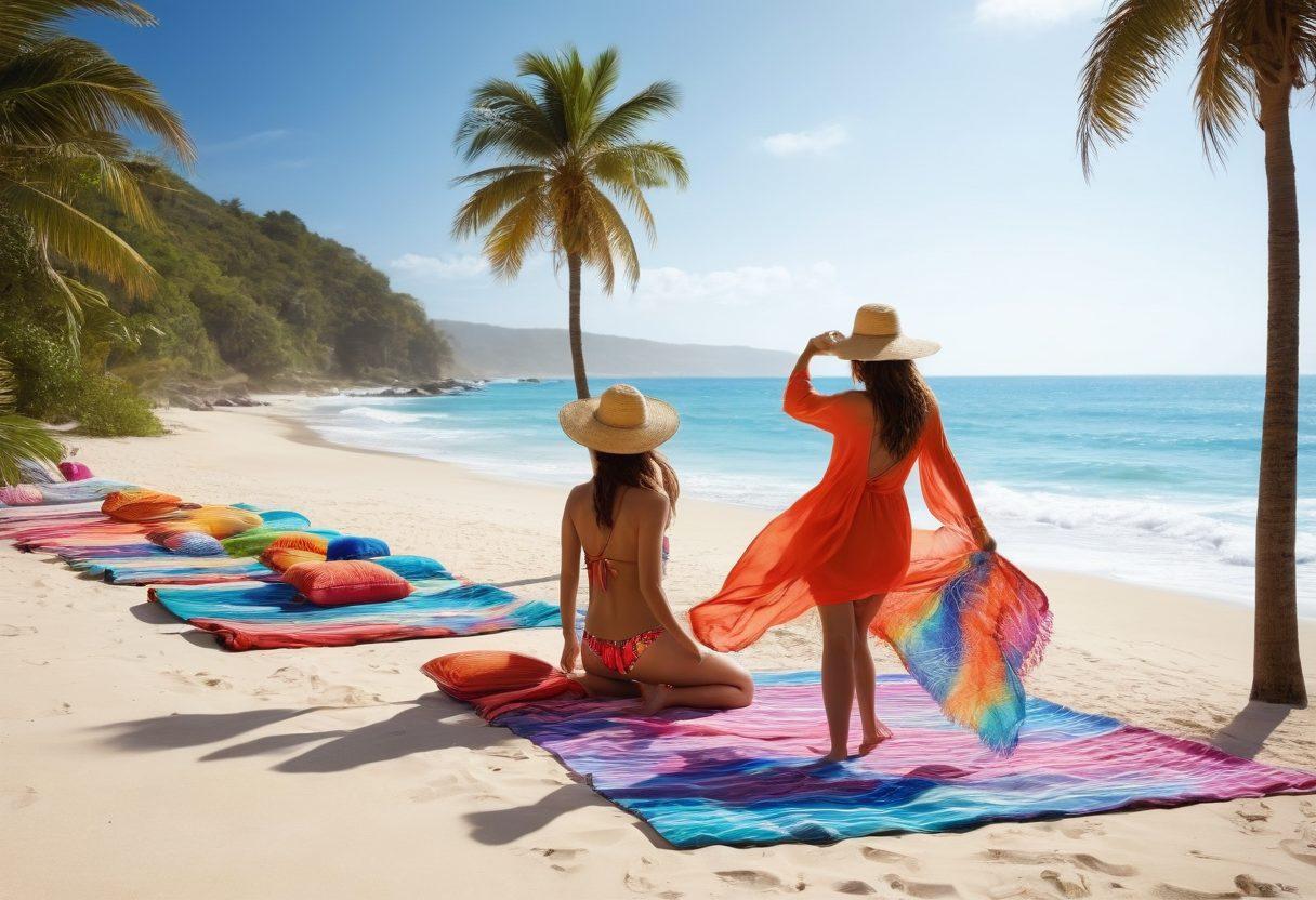 A vibrant beach scene featuring stylish beach accessories, including oversized sun hats, colorful beach towels, and trendy cover-ups, with people enjoying the sun and sand. The ocean sparkles in the background, and palm trees sway gently in the breeze. Incorporate elements of summer fashion, such as sunglasses and sandals, to create a lively and fashionable atmosphere. bright colors. super-realistic. vibrant beach setting.